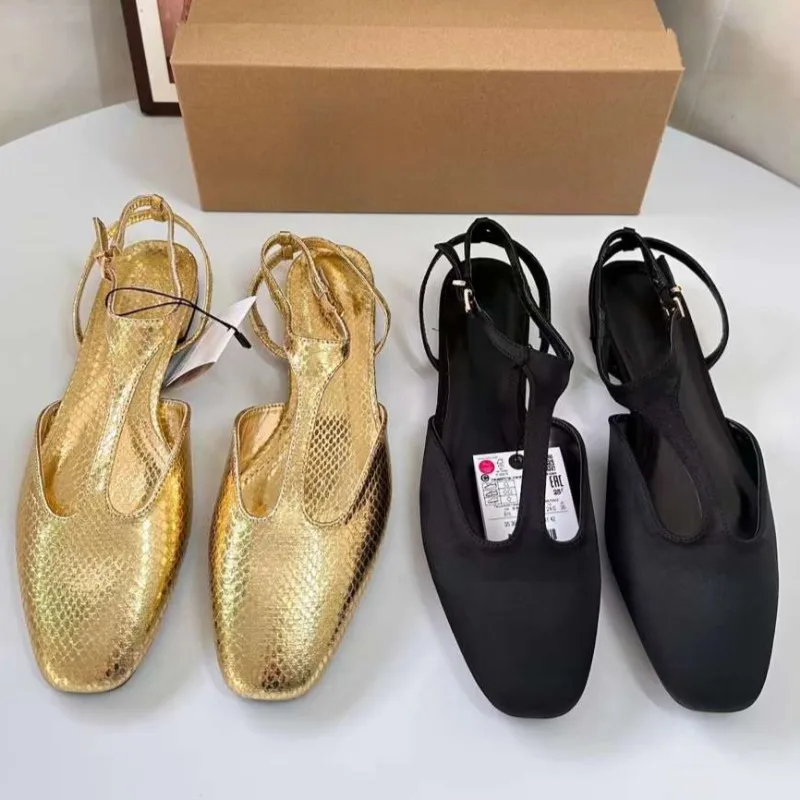 2025 Spring Women Slingback Flats Designer Buckle Ankle Strap Fashion Gold Black Large Size Comfortable Ladies Mary Jane Shoes