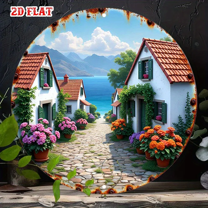 2D Flat, 1pc Vintage Mediterranean Coastal Village Metal Wall Art - 19.81cm Round Rustic White & Brown Houses with Red-Tiled R