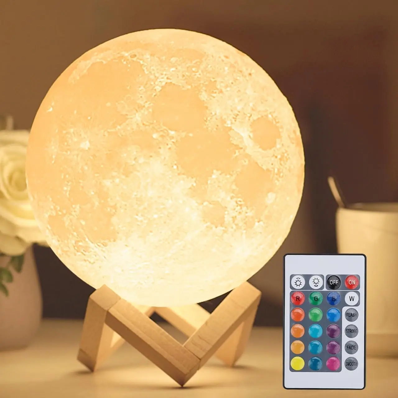 

3D Moon Lamp with Wooden Base, Touch-Dimmable & Rechargeable Night Light, 16 Colors for Home Decor