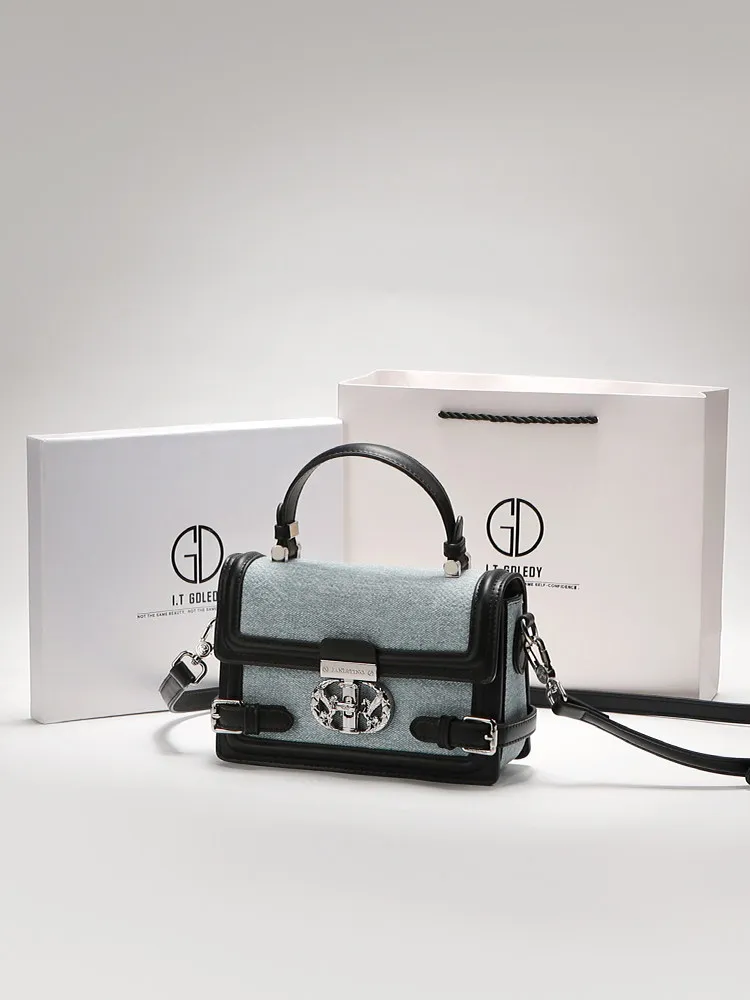 Vintage and Luxury Handheld Square Bag with Fashion Denim Canvas and High Quality Metal Lock Women's Newly Trendy Crossbody Bag