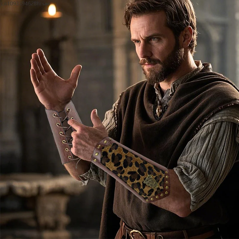 1 пара браслетов средневекового рыцаря с леопардовым узором из искусственной кожи на шнуровке, браслеты с пиратскими рукавицами викингов, браслет на Хэллоуин, косплей