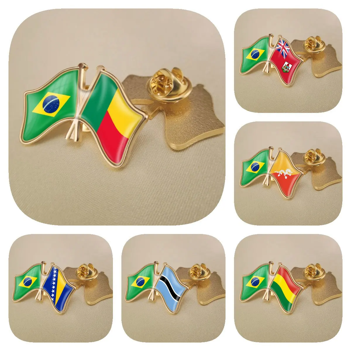 Brazil and Benin Bermuda Bhutan Bolivia Bosnia and Herzegovina Botswa Double Crossed Friendship Flags Brooch Lapel Pins Bradges