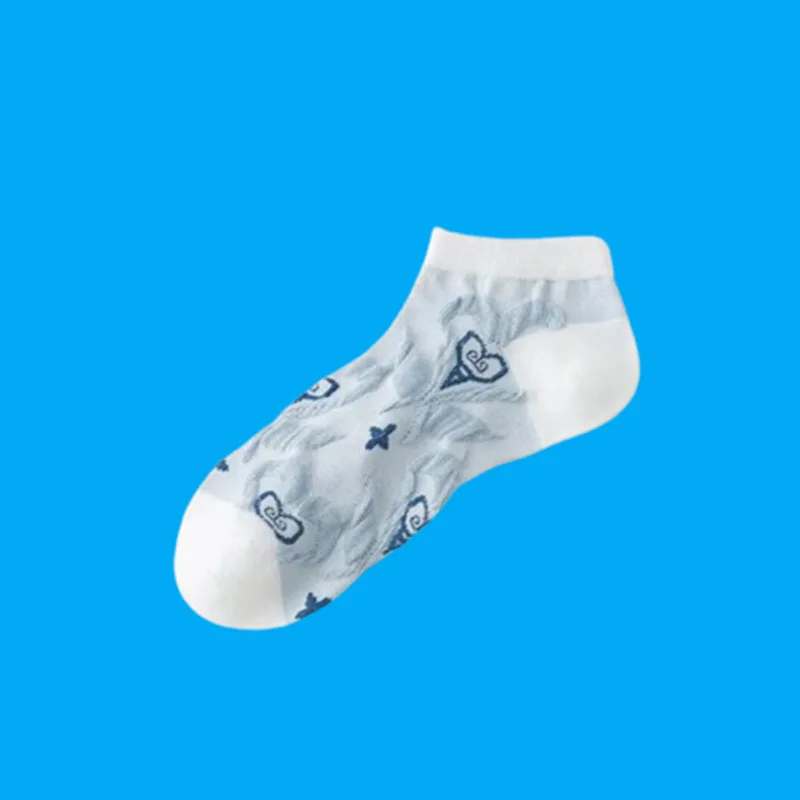 5/10 Pairs Women's Sweat-absorbent Trend Blue White Style Small Flower Shallow Mouth Ankle Short Socks Low Cut Women Boat Socks