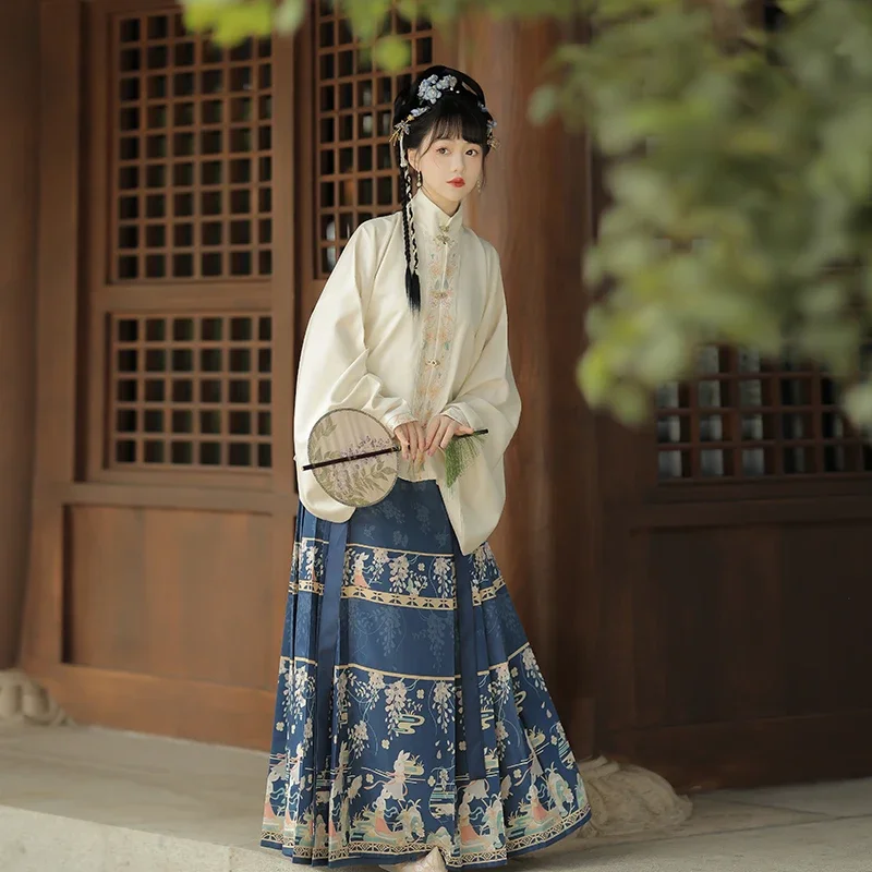 

WATER Hanfu Ming System Dresses Woman Stand Collar Double-breasted Short Jacket Pipa Sleeve Horse Face Skirt Autumn and Winter