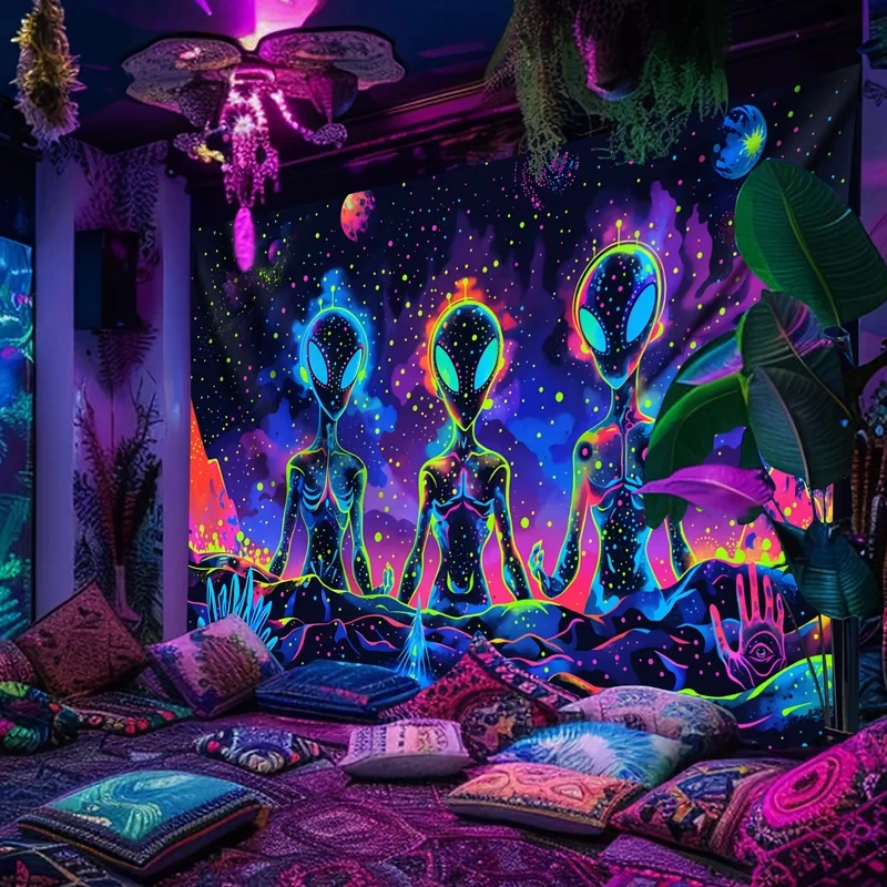 VIKAMA Multi-Use Blacklight Tapestry, UV Reactive Neon Alien & Galaxy Print Wall Hanging for Bedroom, Living Room & Dorm