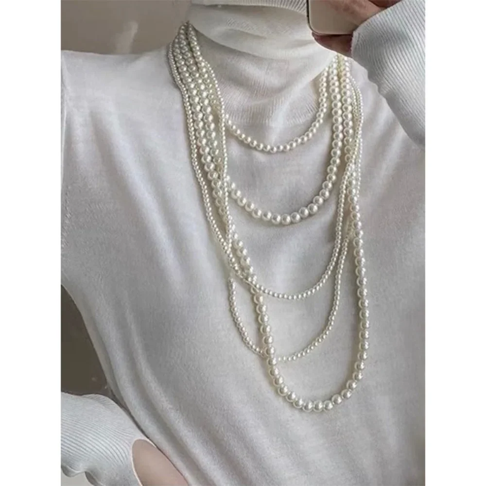 Charm Multi Layer Imitation Pearl Necklace for Women Retro Versatile Fashion Clothing Sweater Choker Chain Accessories Jewelry