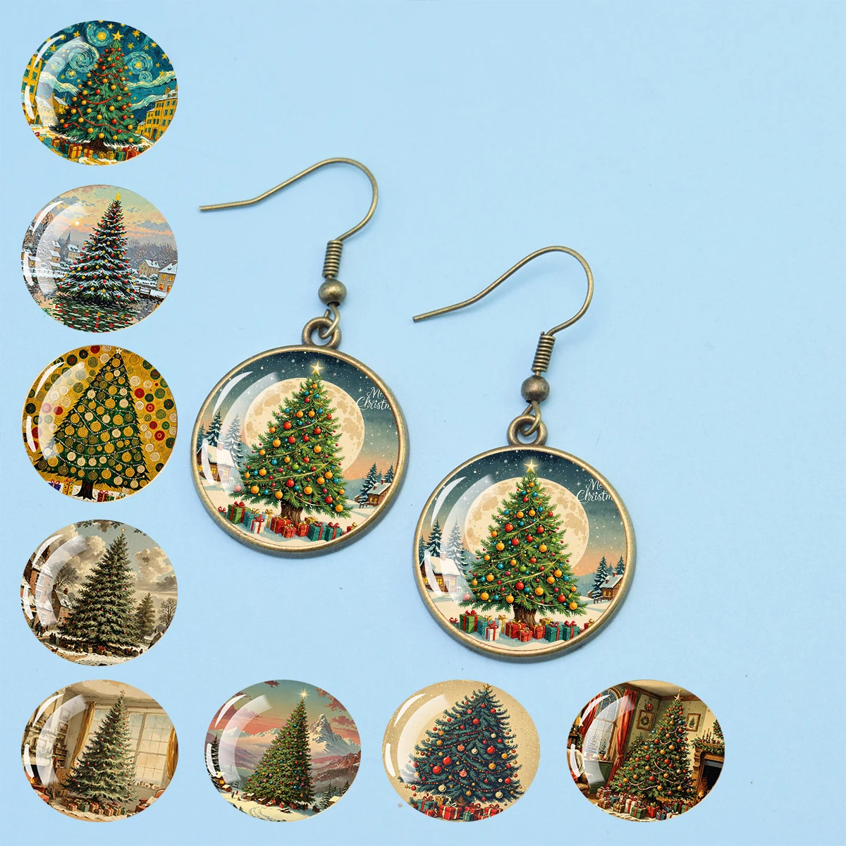 Christmas Tree Dome Glass Metal Earhook Exquisite Jewelry Earrings Christmas Gift New Year Gift Suitable for People withEarHoles