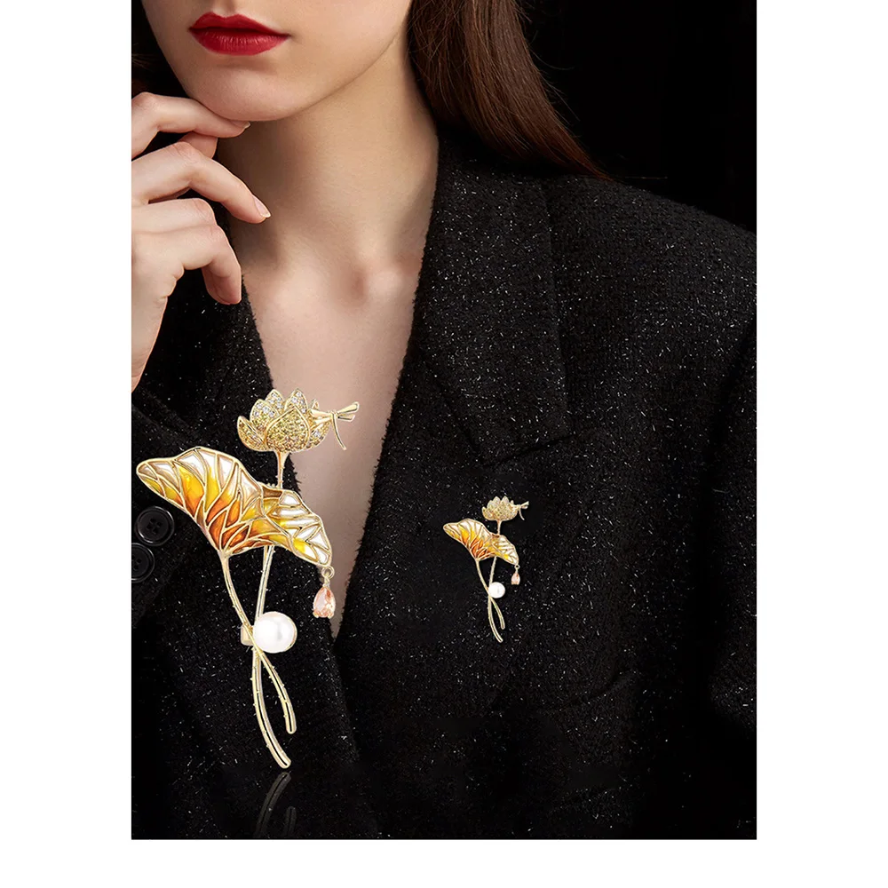 لوتس ليف وزهرة اللوتس الراقية تصميم لؤلؤ المياه العذبة الزركون المرأة بروش مناسبة لملحقات دبوس اللباس اليومي #5