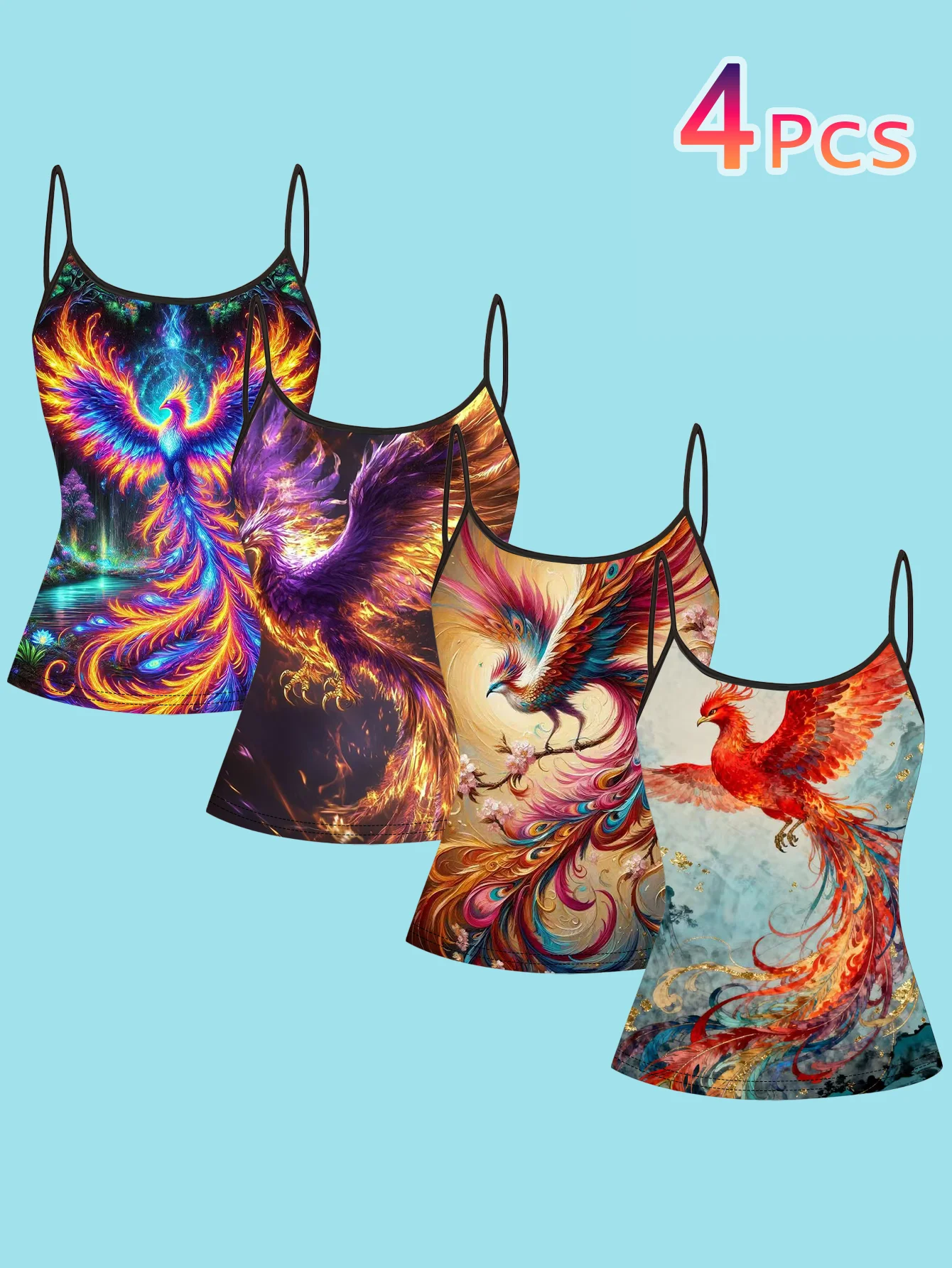 4-Piece Set of Fantasy Phoenix Print Camisoles for Women, Featuring Artistic Illustrations of Divine Birds and Colorful Feathers, with Thin Straps, Slim Fit, Sleeveless Inner Tops