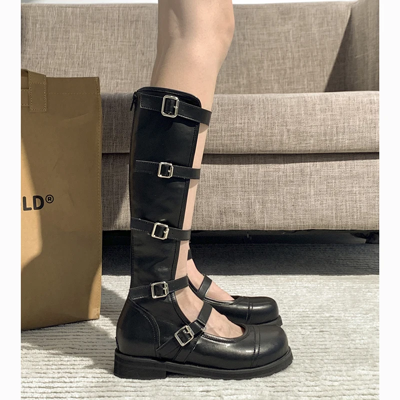 Brand Spring Summer Womens Boots Toe Knee Thigh Sandals Block Heel Belt Buckle Cut Out Hollow Pu Leather Rome Gladiator Shoes