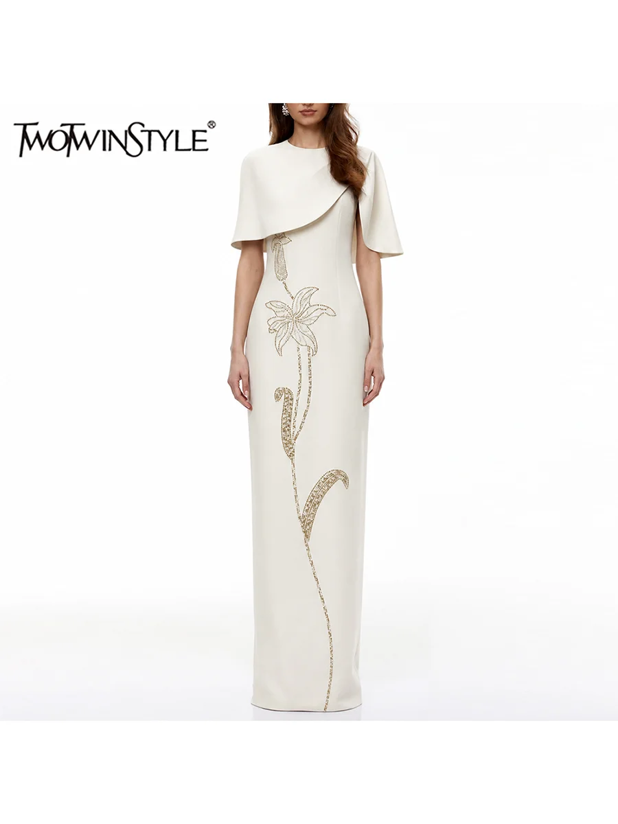 TWOTWINSTYLE Flower Spliced Pearl Slim Maxi Dress Two Piece Set for Women Round Neck Sleeveless Dress Solid Shawl Sets Female