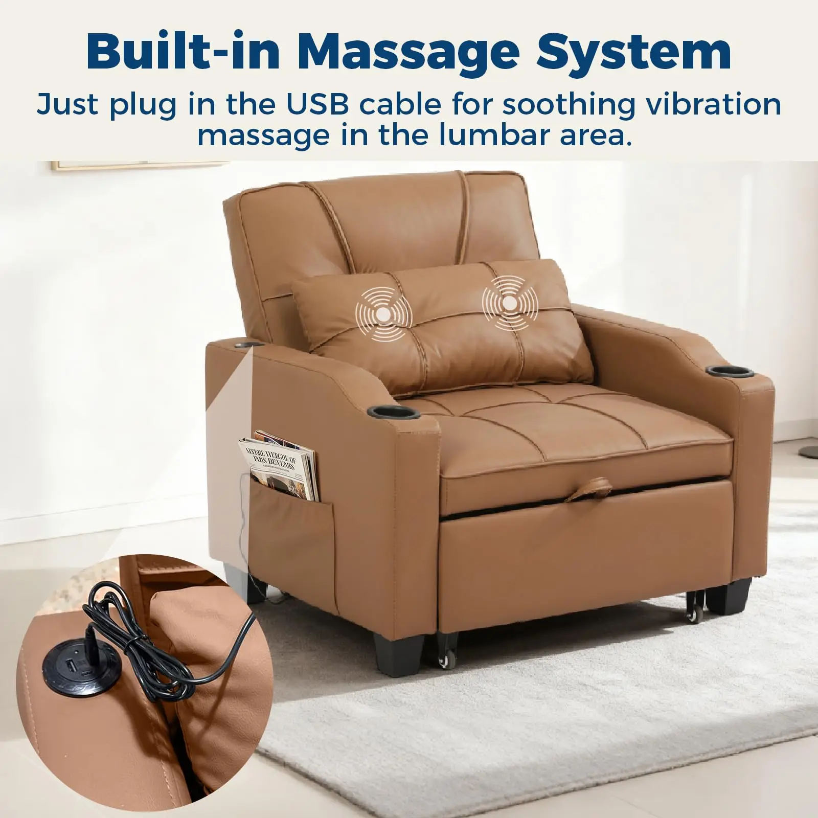 3-in-1 Convertible Sleeper Chair Bed, Modern Pull-Out Sofa with Adjustable Backrest, USB Ports, Cup Holders & Side Pockets, Space-Saving for Living Room, Bedroom, Small Spaces, Brown/Black/Gray image 5