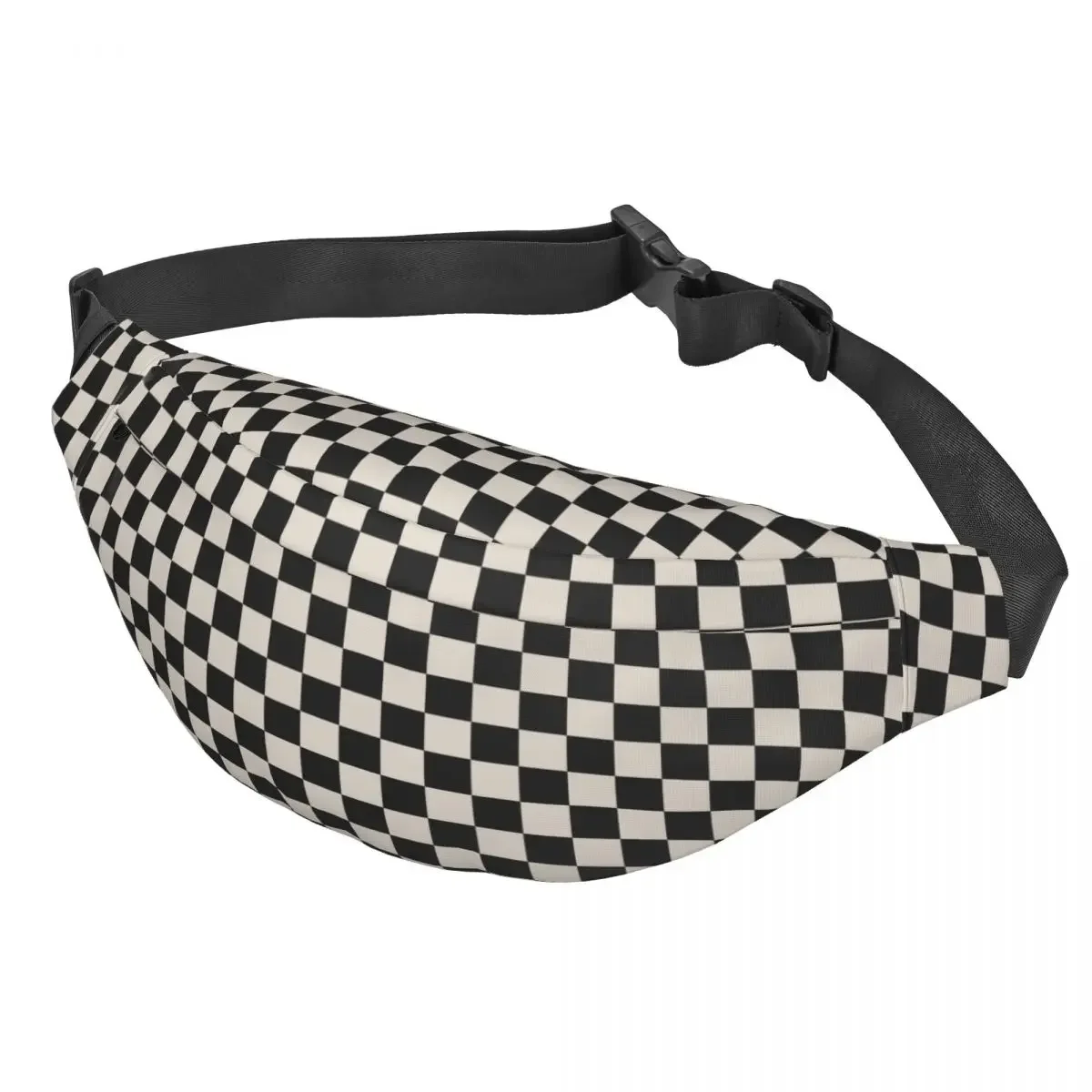 Custom Checkerboard Pattern Plaid Black And Linen White Fanny Bag Sling Crossbody Waist Pack Cycling Camping Phone Money Pouch