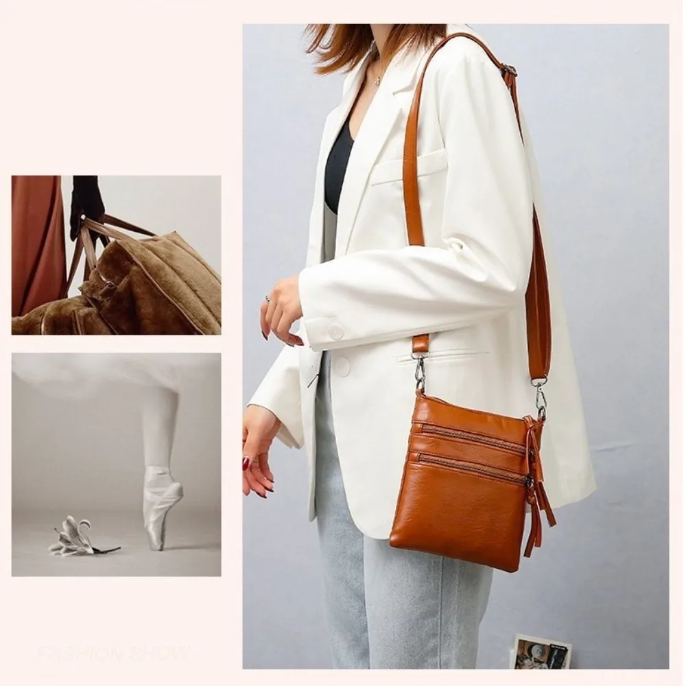 Bolsa para celular com zíper, couro macio, 3 camadas, bolsa de ombro único, grande capacidade, couro pu, bolsa mensageiro para mulheres, compras