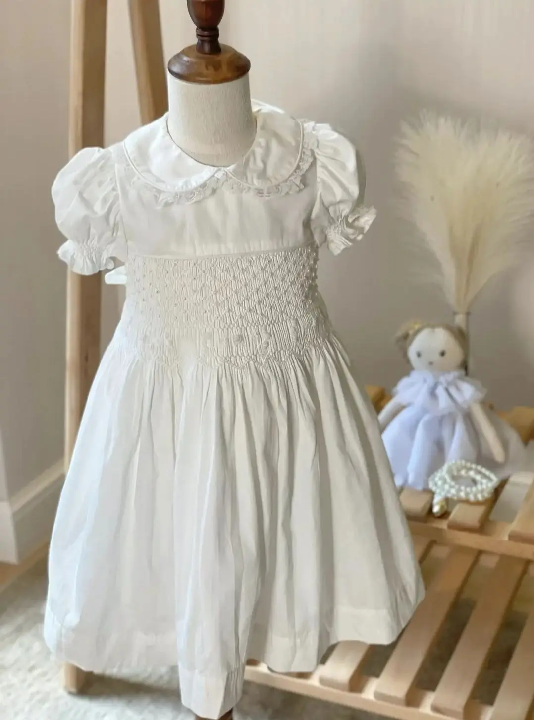 0-12Y Baby Girl Summer White Smocked Handmade Turkish Vintage Princess Dress for Birthday Holiday Easter Photography Eid  A15