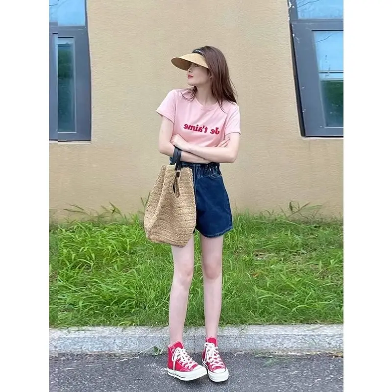 

Tea Wear A Whole Set of 2023 Summer New Skinny Senior Sense T-shirt Top Denim Shorts Two-piece Suit