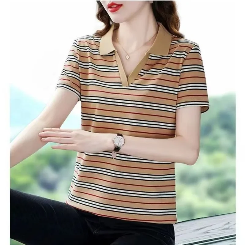 Female Clothing Polo Turn-down Collar Short Sleeve T-shirt Women's Summer 2023 New Stripe Casual Sports Fashion Casual Tops