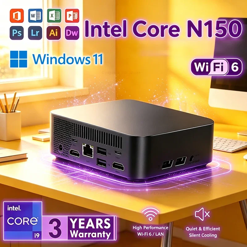 Mini PC Intel Core N150 Compact Mini Laptop Windows 11 16GB RAM 1TB SSD HD WiFi6 BT5.2 Multifunctional Daily Notebook Gaming PC