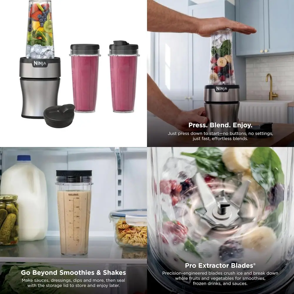 

Компактный персональный блендер, двигатель мощностью 900 Вт, идеально подходит для замороженных напитков, смузи, соусов, 3 стакана по 20 унций, 2 крышки с носиками, 1 крышка для хранения.