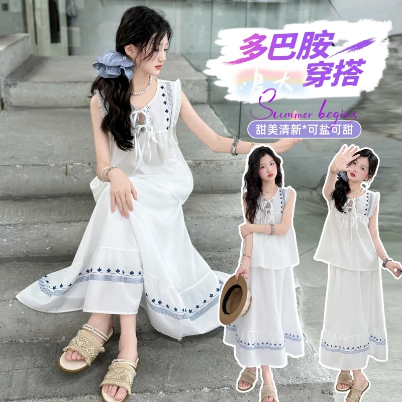 

Girls' dress sets, sleeveless summer sets, new 2025 Big Girls casual dress 2-piece sets, suitable for beach vacations