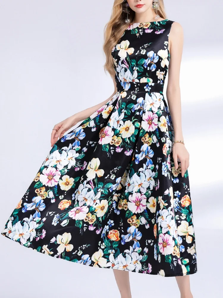 SMTHMA New Summer Women Print O-Neck Sleeveless Casual Long Dress Fashion Slim Fit Beach Party Evening Wear Runway Dresses