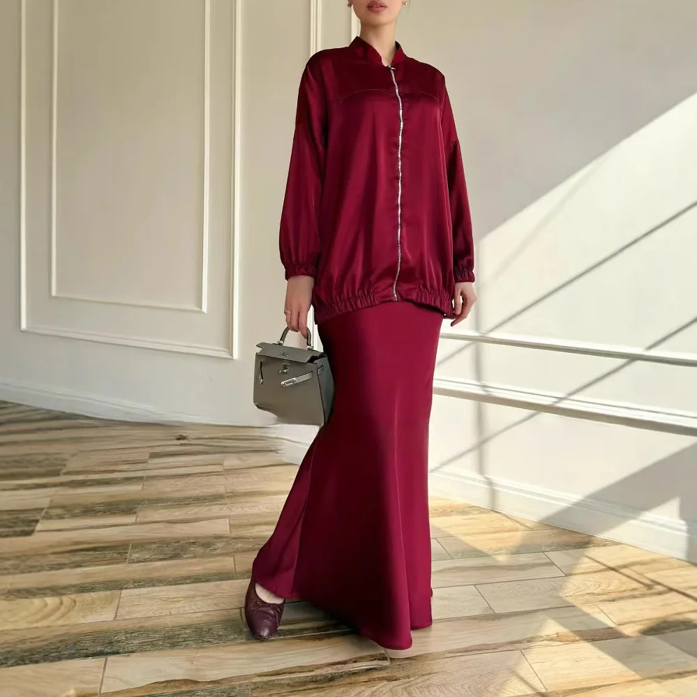 

New Fashion Muslim Sets 2 Pcs Satin Long Sleeved Top+ Skirt Suit Fashionable High Waist Cinching Long Skirt Set for Women