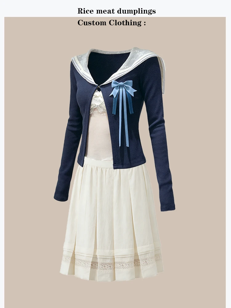 

Korean Style Navy Collar Three-Piece Set Dark Blue Lace Open Cardigan Strap Vest Lace Half Skirt Fashionable Women's Ensemble