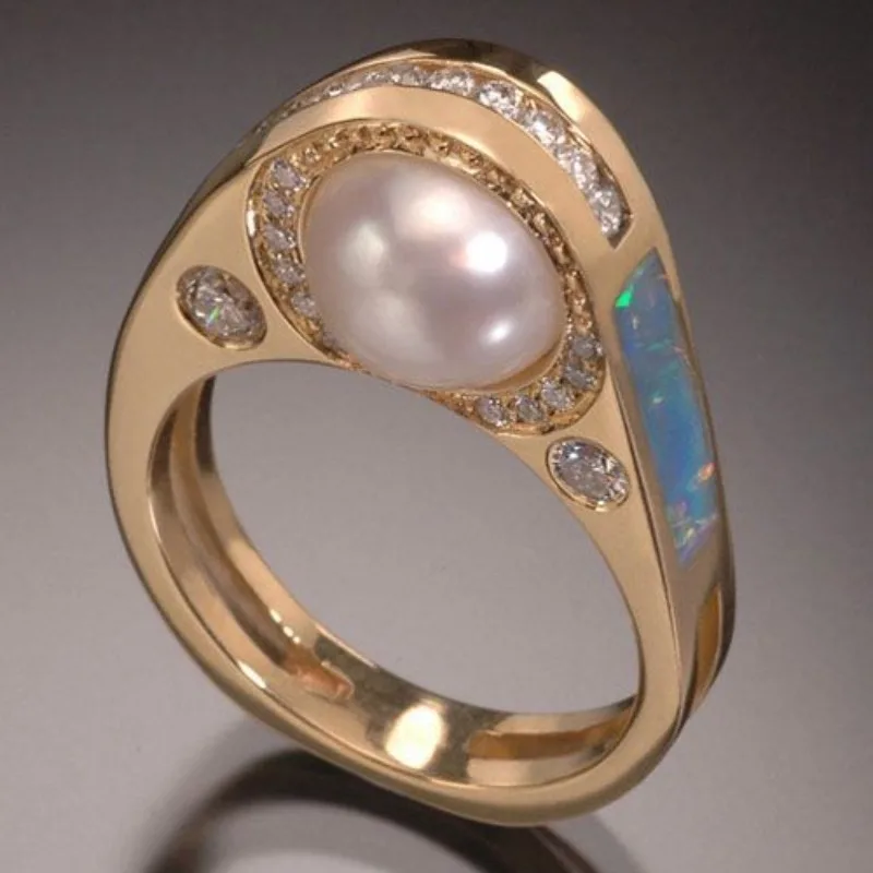Wunderschöner Eingelegter Imitationsperlen-CZ-Damenring Vintage Goldfarben Geometrisch Tägliches Tragen Party-Schmuck Jubiläumsgeschenk