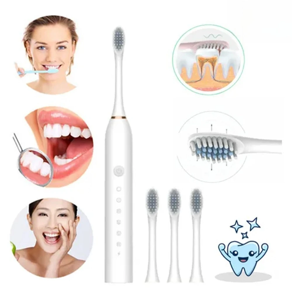 Escova de Dente Sônica Profissional IPX7 com 4 Cabeçotes Recarregáveis, Higiene Bucal Portátil