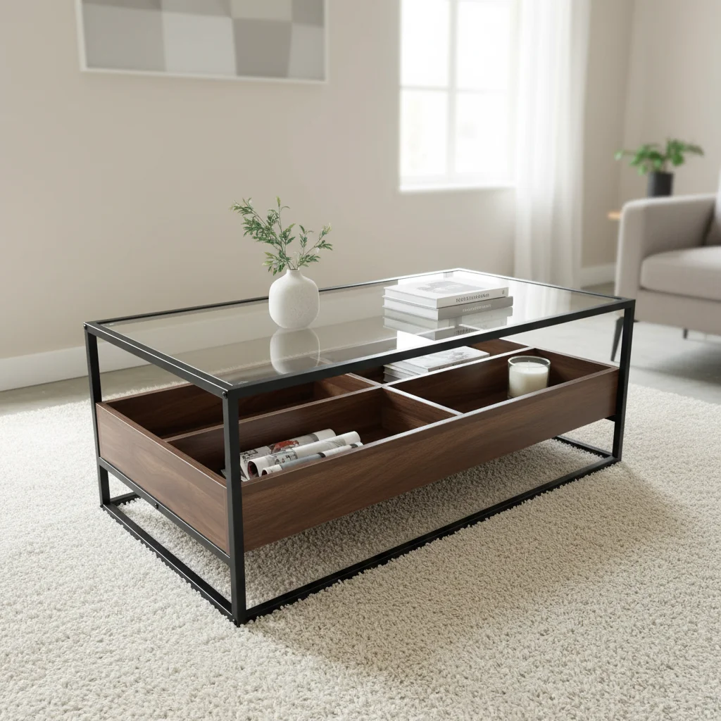xx-Modern  Coffee Table Storage Wood Shelves Center Table Large Tempered Glass Top Iron Frame Coffee Table for Living Room^