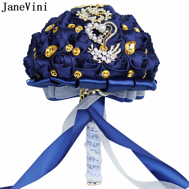 Janevini azul marinho casamento buquê charme fleurs 2022 luxo ouro cristal strass flores de noiva artesanal rosa fita flor