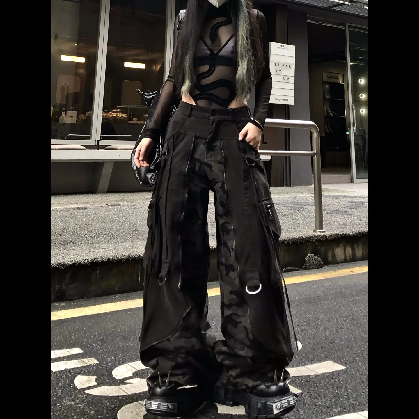 Womens Camo Cargo Pants Technical Streetwear Zipper and Ribbon Details Designed for Punk Jazz Dance and Onstage Performances