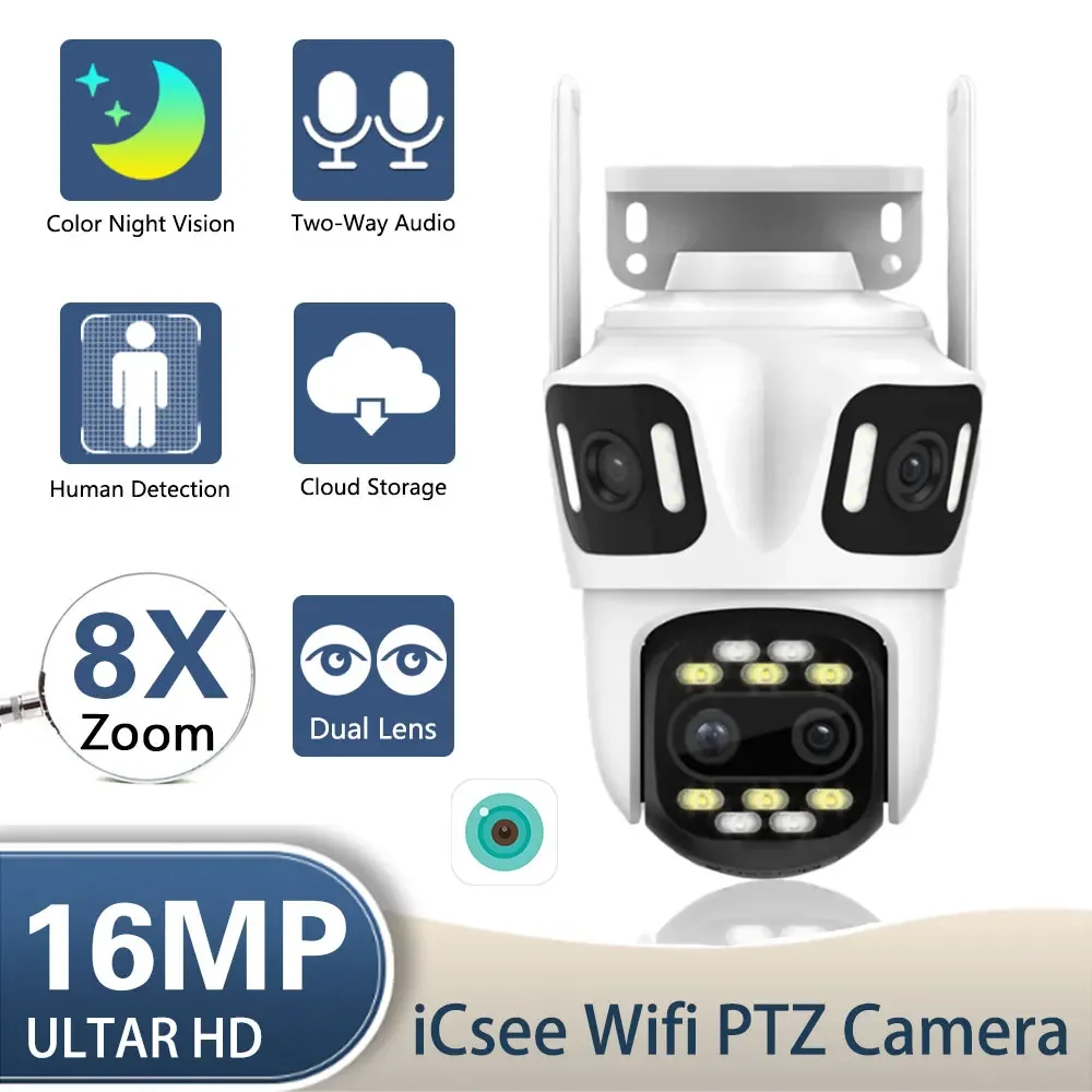 8K 16MP WiFi PTZ Camera Four Lens Three Screens 8X Zoom Outdoor CCTV Security Camera Auto Tracking Video Surveillance IP Cam