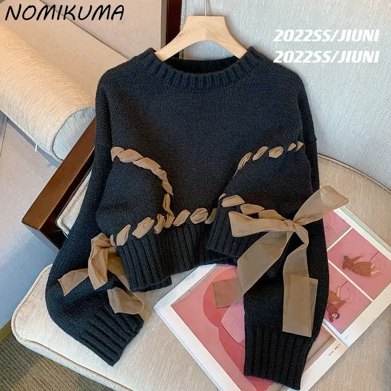 Nomikuma Chic Gauze Bow Bandage Knitted Sweater Casual Long Sleeve O-neck Pullovers 2023 Spring New Short  Tops Female