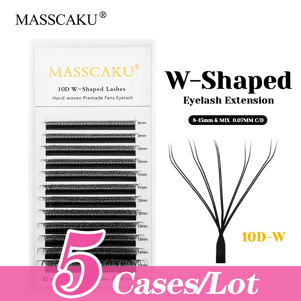 MASSCAKU 5cases/lot 12 Lines Korea PBT Fiber W Shaped Clover Lash C D Curl Long-lasting Wispy Russian Volume Lashes Easy to Pick