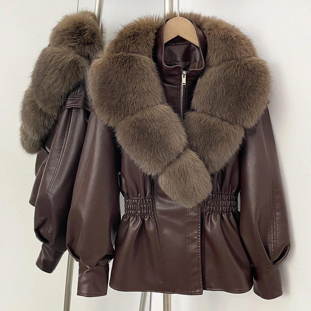 OFTBUY Neue Damen-Kunstlederjacke mit Übergroßem Kunstfuchsfell, Elastischem Bund und Puffärmeln - Luxuriöse Warme Winteroberbekleidung – Detail 18