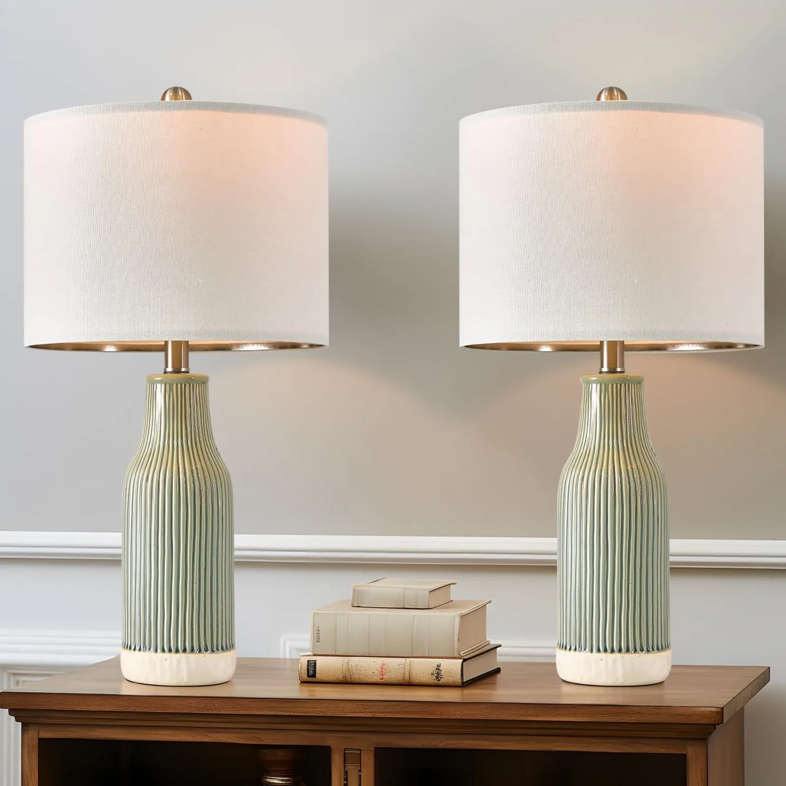 

US 23.75" Modern Green Ceramic Table Lamp Set of 2 for Living Room, Farmhouse Bedside Nightstand Lamp for Bedroom Home