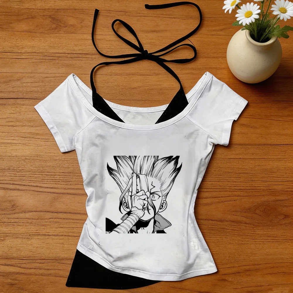 Dr Stone cropped top female party cutecore 2000s japan t shirt japan party jojifuku cutecore harajuku