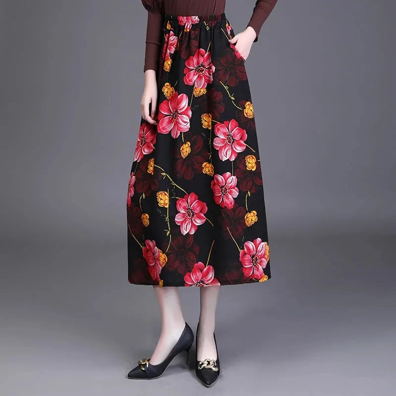 Large Size Retro Linen Long Skirt Women Summer High Waist A-line Skirts Korean Loose Flower Print Cotton Linen Dance Skirts 4XL