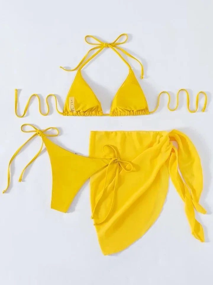Vzvn Sexy Solid Lace Up Vacation Bikinis Women Split Swimsuit Beach Bikini 2026 New All Season Backless Bikinis Mesh 3 Piece Set