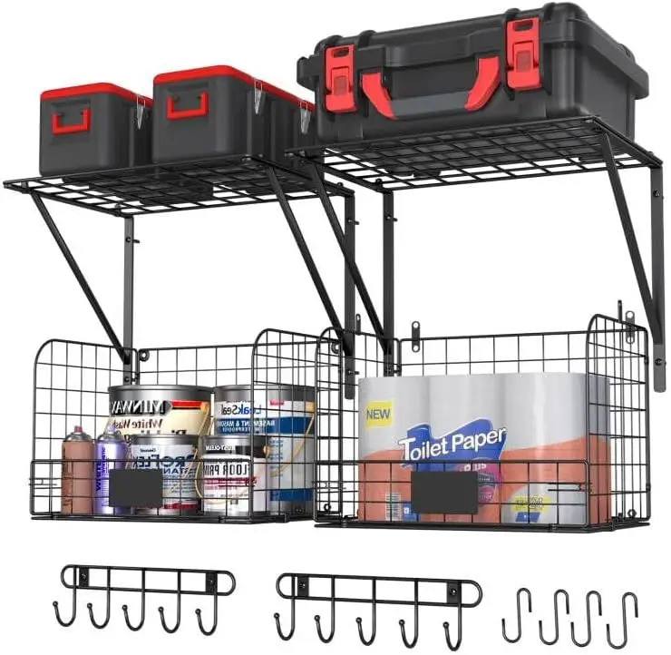 2 Pack Heavy Duty Wall Mounted Garage Shelves with Wire Baskets and Hooks for Home Garden Storage
