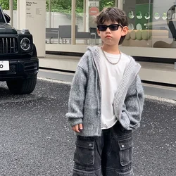 Children Clothing Fashion Simple Thick Sweater 2024 Autumn Winter New Boys Handsome All Match Comfortable Hooded Cardigan