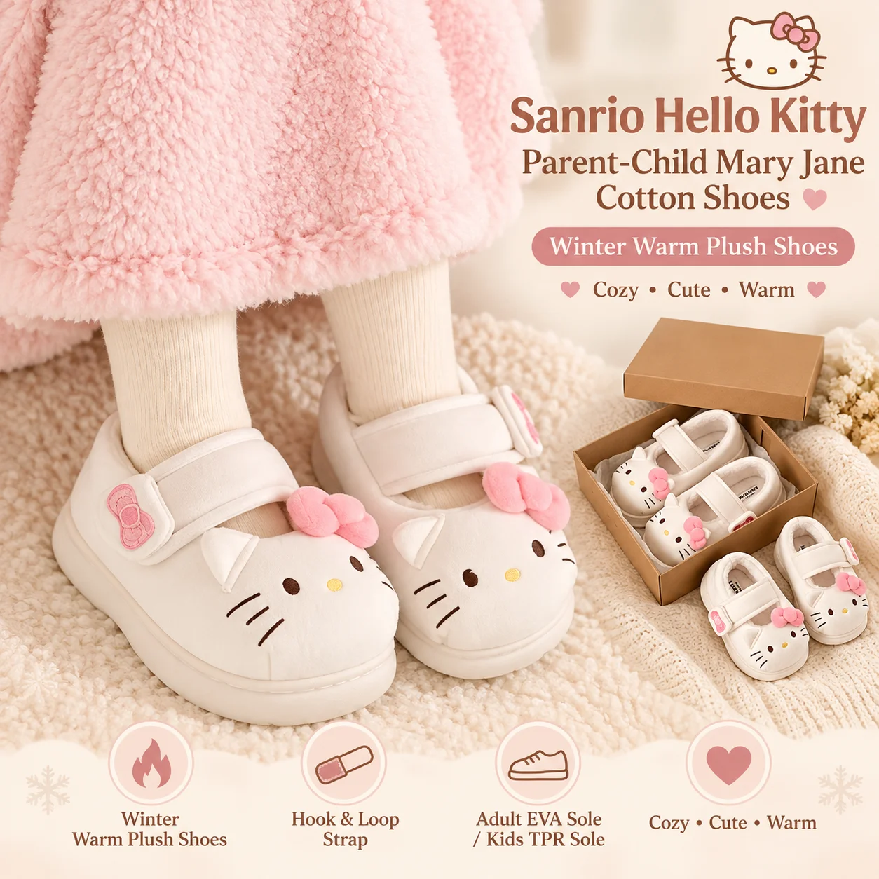 Y2K New Sanrio Hello Kitty Mary Jane Outdoor Wear Cotton Slippers Mommy And Me Matching Cold Weather Shoes Girls Christmas Gift