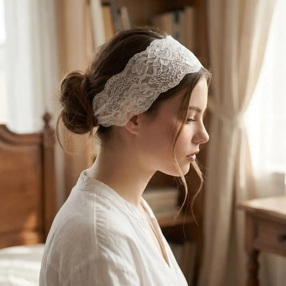 Fashion Adjustable Hollow Lace Headband Floral Flower Elastic Hair Band Supporter Gear Solid Color Wide Headband For Women image 5