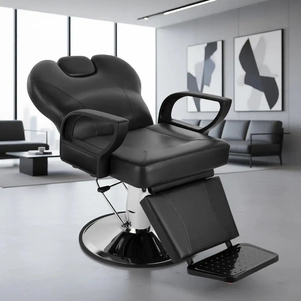 

Heavy-Duty Reclining Barber Chair with Shampoo Rest, 360 Swivel, Black