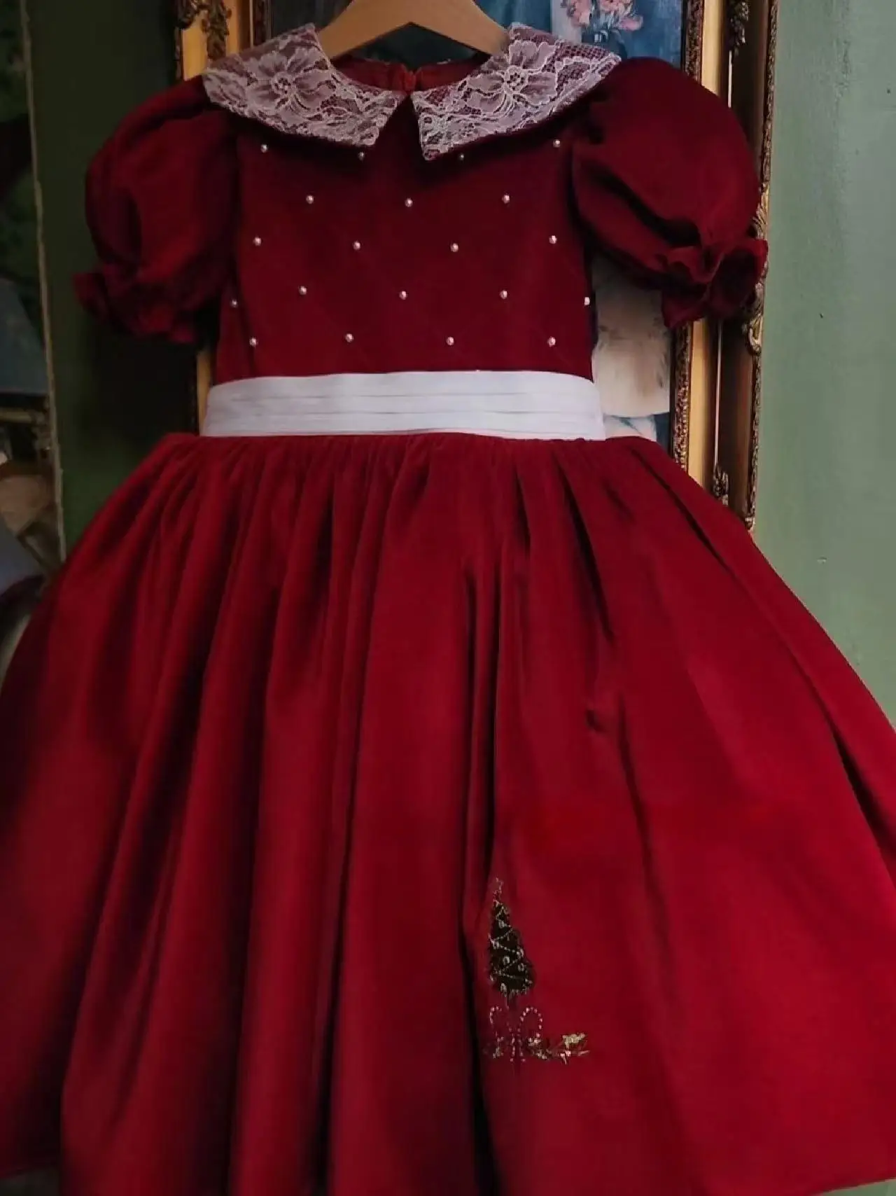 0-12Y Baby Girl Autumn Christmas tree Embroidery Pearl Red Velvet Dress for Birthday Holiday Photography Casual Christmas C300