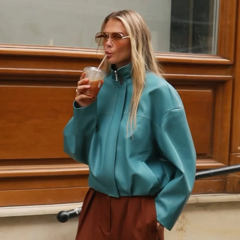 Übergroße Kunstlederjacken für Damen, Streetwear mit Stehkragen, Langarm, Gerüscht, Einfarbig, Locker Sitzende Mäntel, Schicke Damen-Oberbekleidung – Detail 1
