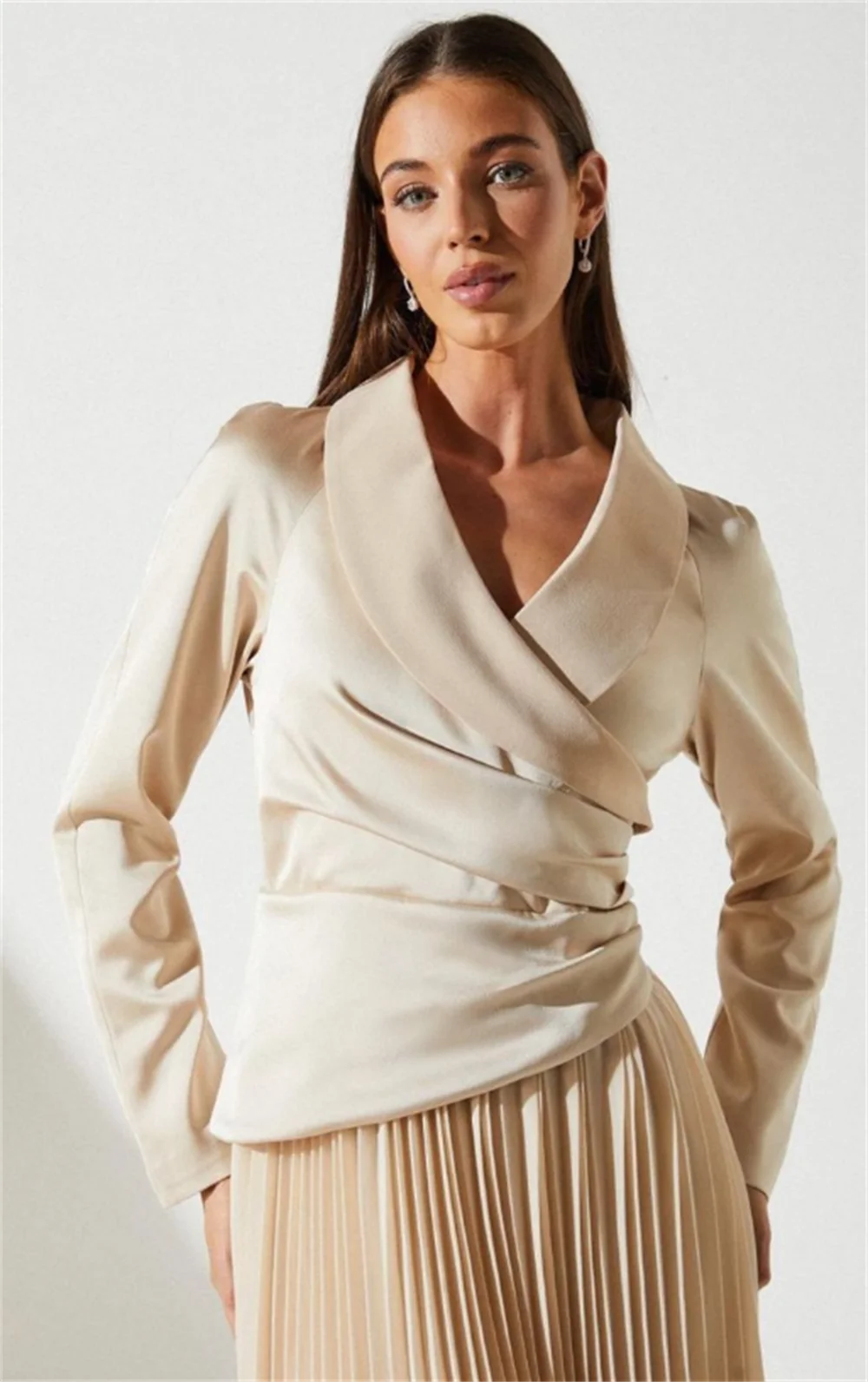 Vestidos de noite com decote em v manga longa plissado uma linha vestido mancha chá comprimento vestidos de baile formal vestidos de festa فسات intellimavera