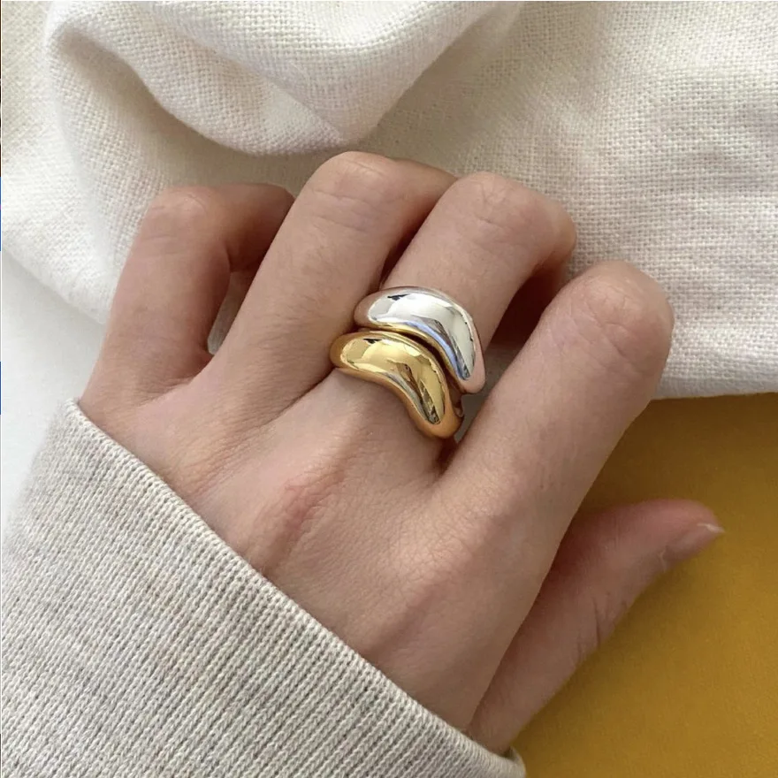 Korean Version INS Minimalist Irregular Three-dimensional Curve Wave Whole Body S925 Sterling Silver Temperament Open Ring