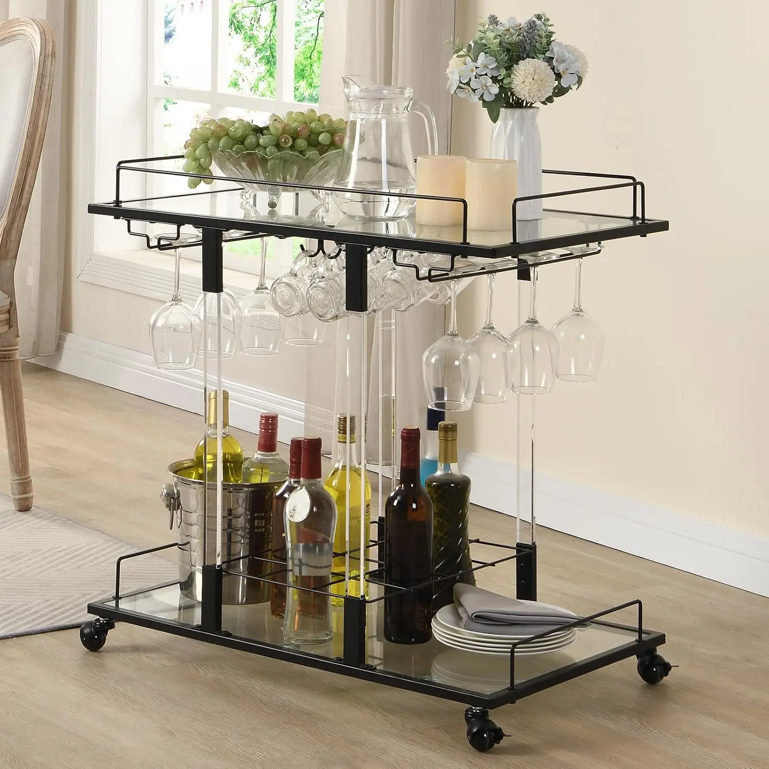 Bar Cart for Home Bar Chrome Serving Cart with Wine Rack 2-Tier Acrylic Rolling Bar Carts on Wheels Clear Dessert Cart Lucite